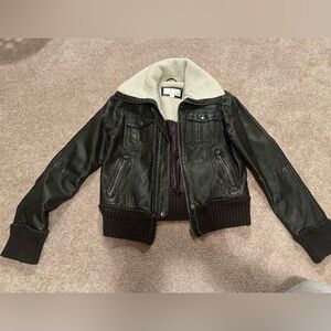 Dark Brown Faux Leather Jacket with Shearling Collar